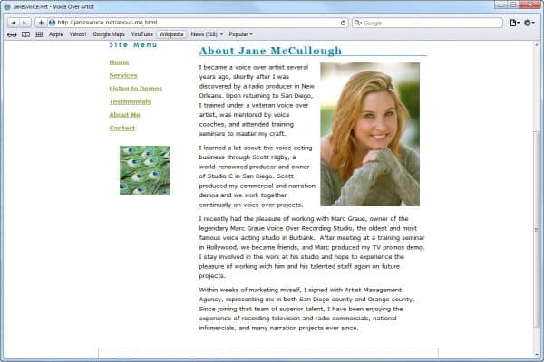 Website Design for Jane's Voice, Voice Over Artist, About Me