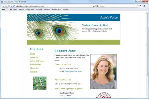 Website Design for Jane's Voice, Voice Over Artist, Contact Me