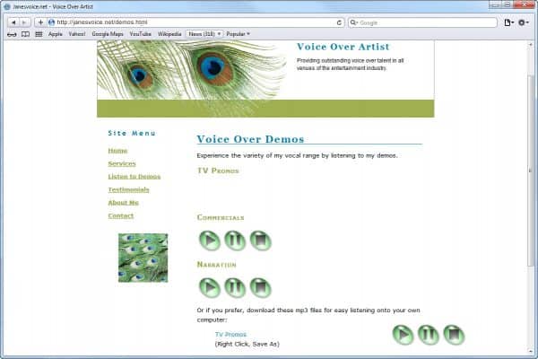 Website Design for Jane's Voice, Voice Over Artist, Demos