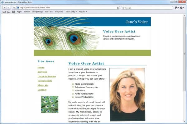 Website Design for Jane's Voice, Voice Over Artist, Homepage