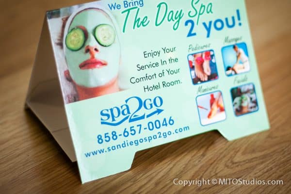 Apparel & Promotional Design for Spa2Go, Table Tent Cards