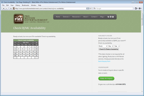 Website Design for Pro Motion Entertainment, Availability