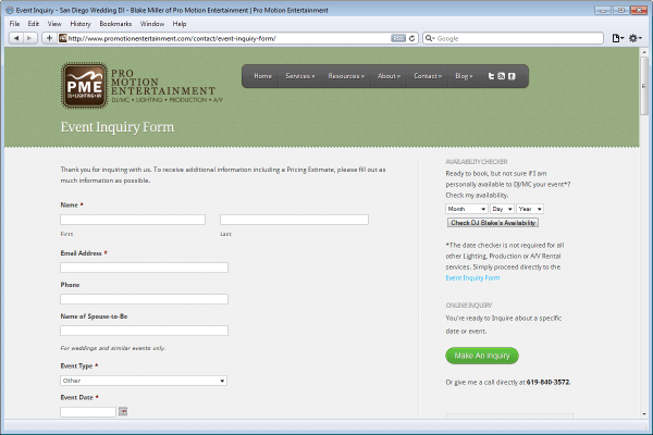 Website Design for Pro Motion Entertainment, Event Inquiry Form