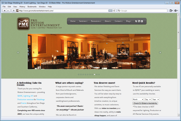 Website Design for Pro Motion Entertainment, Homepage