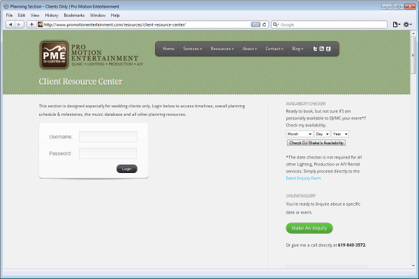 Website Design for Pro Motion Entertainment, Client Resource Center