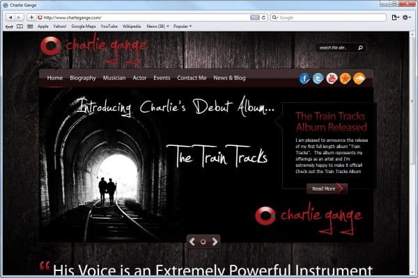 Website Design for Charlie Gange, Homepage
