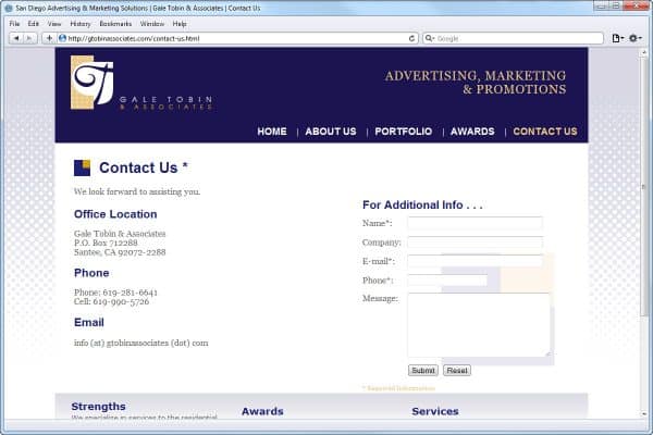 Website Design for Gale Tobin Associates, Contact Us