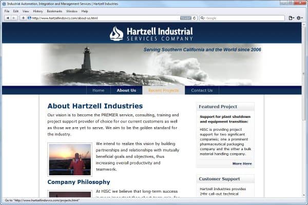 Website Design for Hartzell Industries, About Us