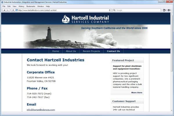 Website Design for Hartzell Industries, Contact Us