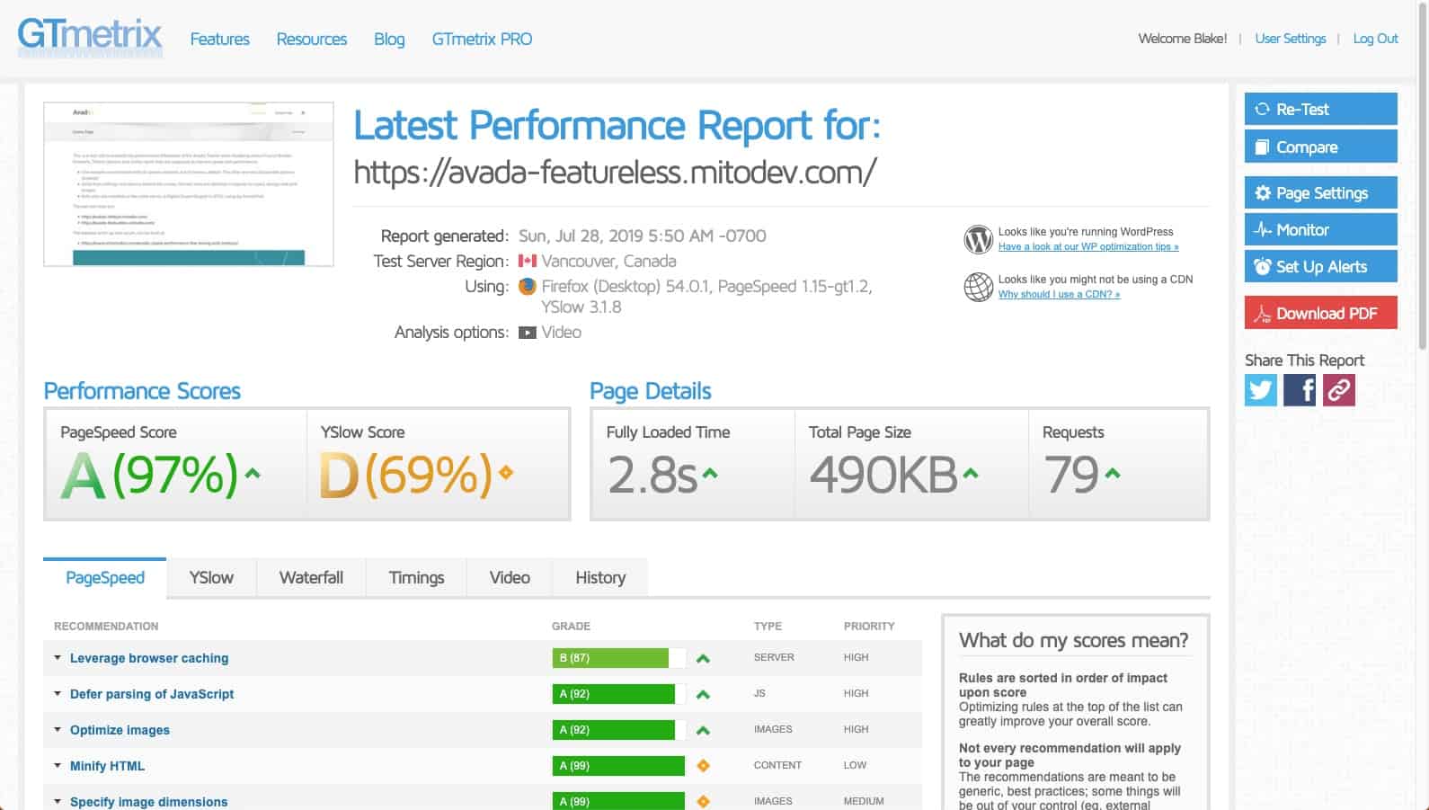 Performance Testing using GTMetrix – Avada Website Builder